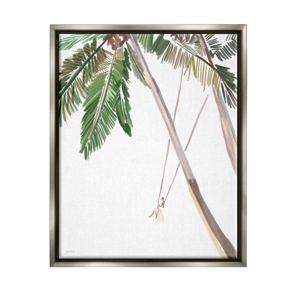 Stupell Industries Girl Swinging Tropical Palm Trees Casual Design Graphic Art Luster Gray Floating Framed Canvas Print Wall Art, Design by Amelia Noyes