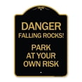 thumbnail image 1 of SignMission A-DES-BG-1824-24197 18 x 24 in. Designer Series Sign - Danger Falling Rocks - Park At Your Own Risk, Black & Gold, 1 of 1