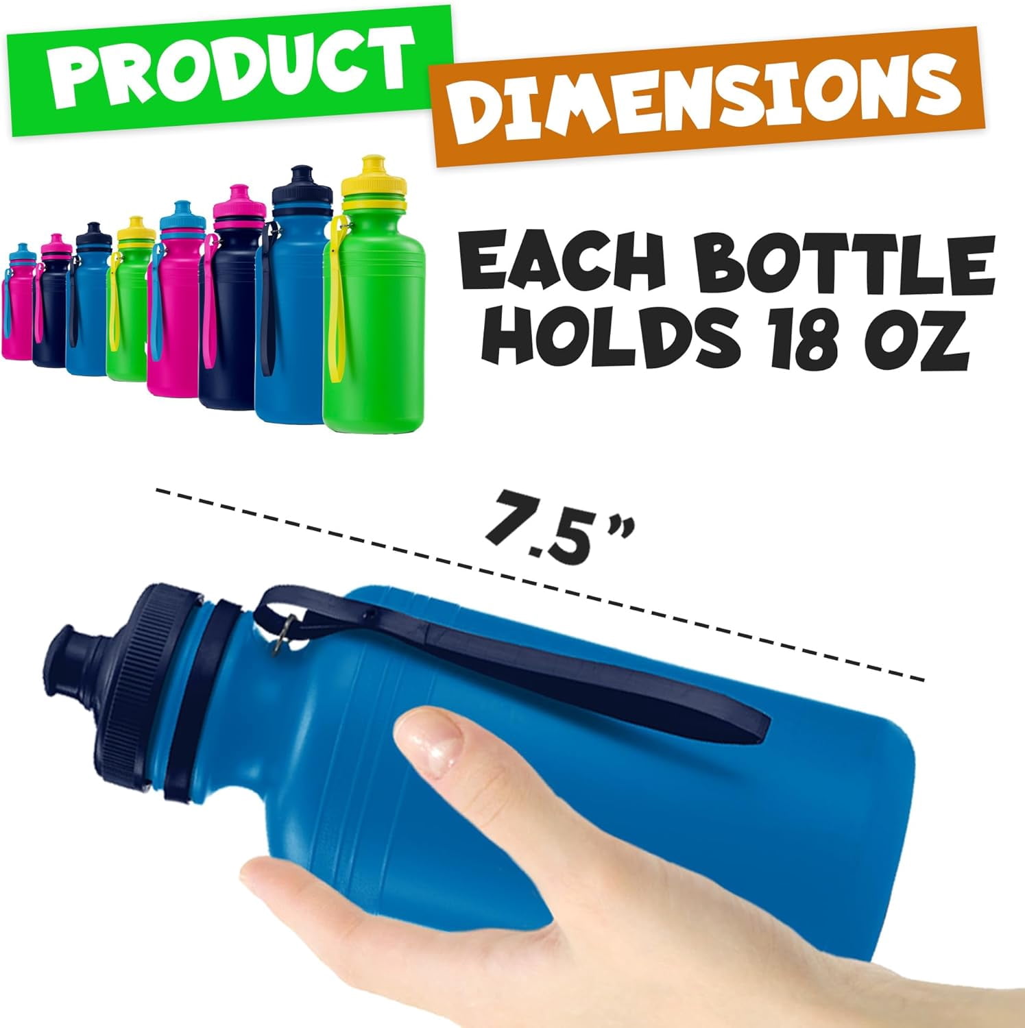 Bedwina Bulk Water Bottles for Kids - (Pack of 12) 18 oz - 7.5 Inch BPA-Free Plastic Water Bottles With Pop-up Tops & Handles for Summer, Reusable Water Bottles Bulk for School
