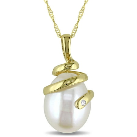 Tangelo 10-10.5mm Golden Drop South Sea Pearl and Diamond-Accent 14kt Yellow Gold Fashion Pendant, 17