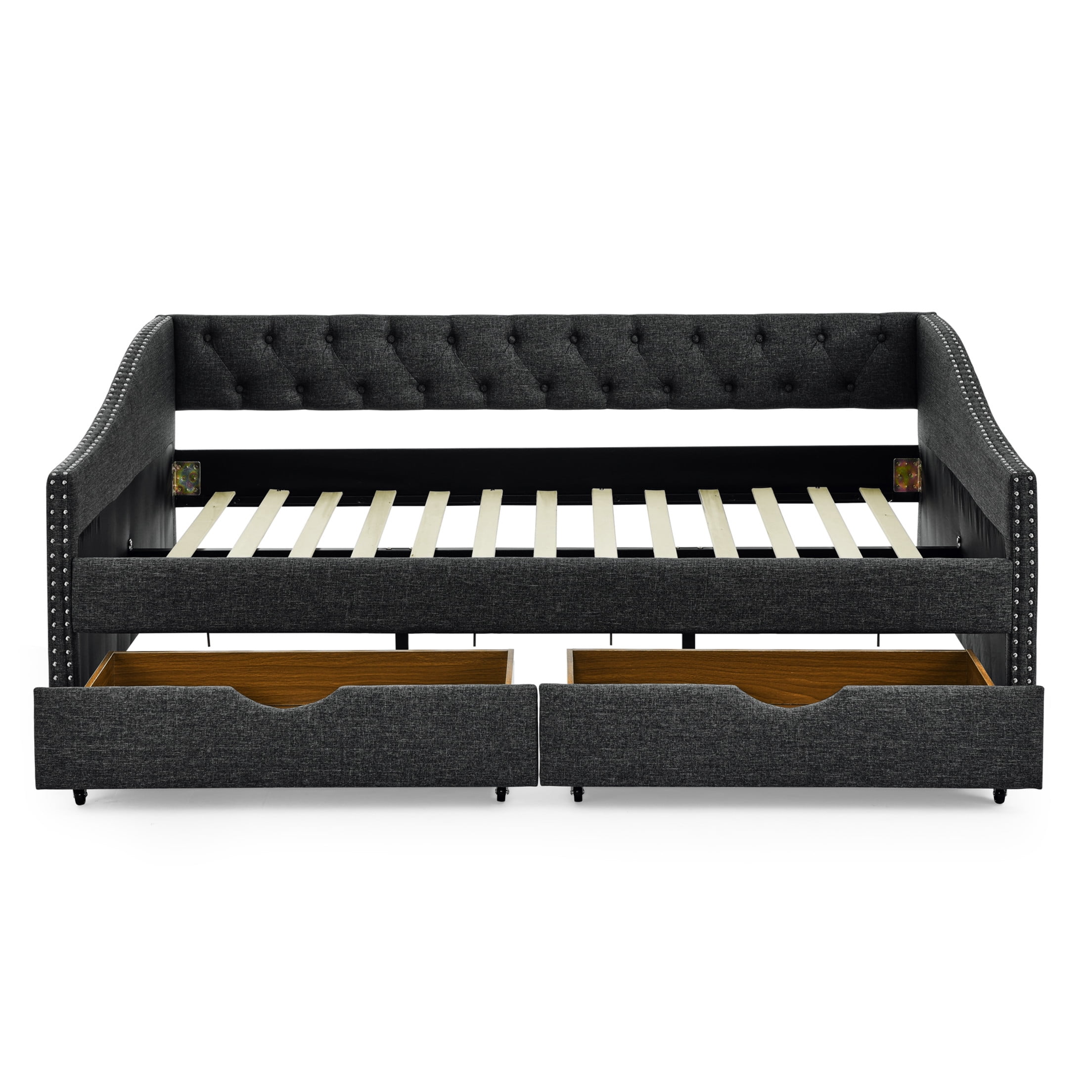 Noble House Brixo Full Size Daybed with Drawers, Linen Upholstered Tufted Sofa Bed with Nailhead Waved Arms, Dark Gray