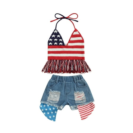 

Qtinghua Toddler Baby Girl 4th of July Outfit American Flag Sleeveless Knitted Halter Crop Top Denim Ripped Shorts 2Pcs Set Red 3-4 Years