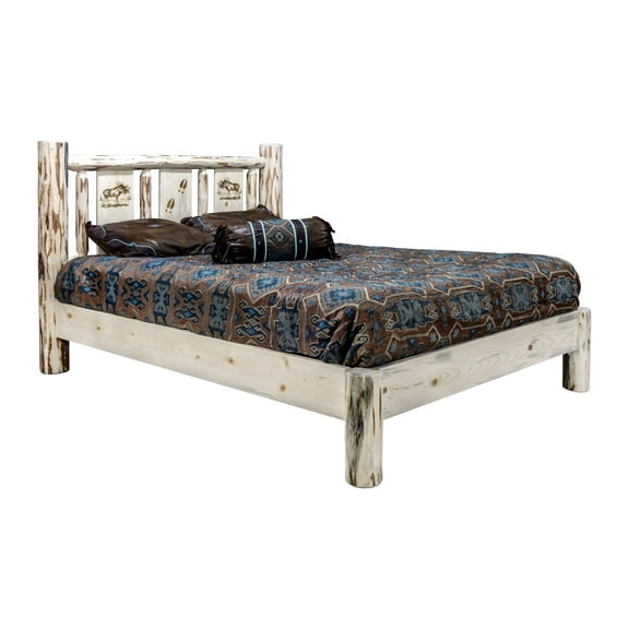 Montana Collection Full Platform Bed w/ Laser Engraved Moose Design, Clear Lacquer Finish