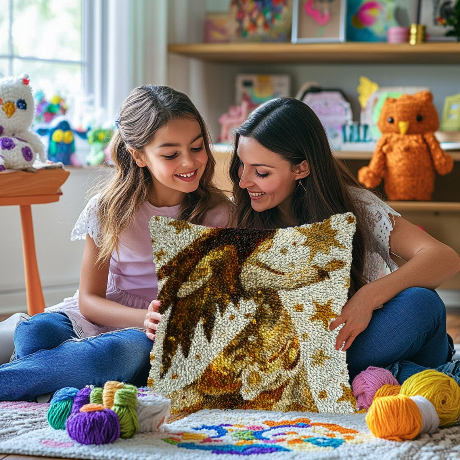 Abstract Angel Stars Shining Wing DIY Latch Hook Pillow Kits for Adults Printed Pillowcase Crochet Yarns Hooking Handmade Pillow Cover Cushion for Home Sofa Decoration 17x17inch(2)