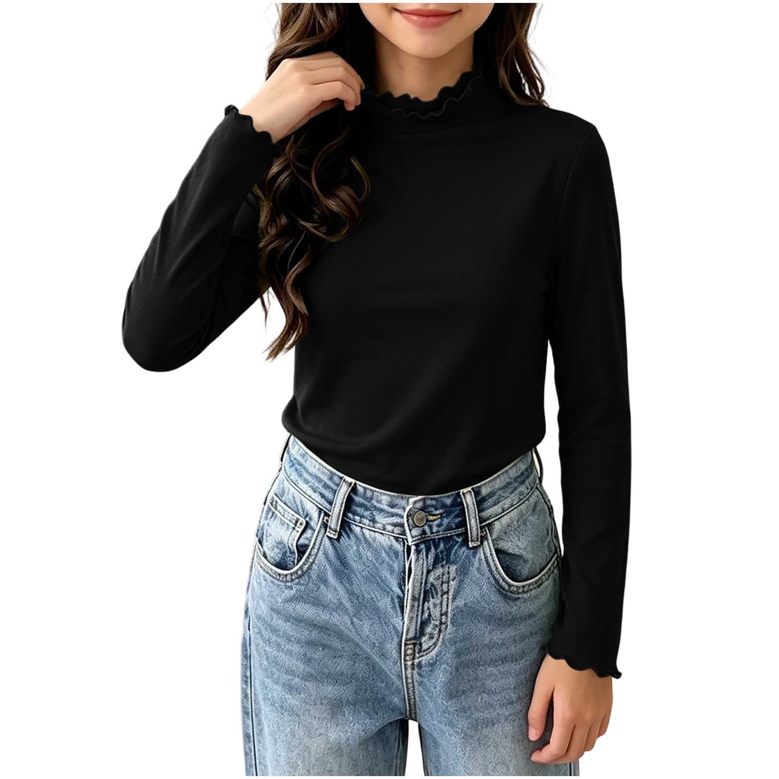 Dagugfen Sweaters for Girls Knitted Long Sleeve Mock Neck Ruffle Slim Fitted Base Layer Casual Tops for Kids(12-13 Years Black)
