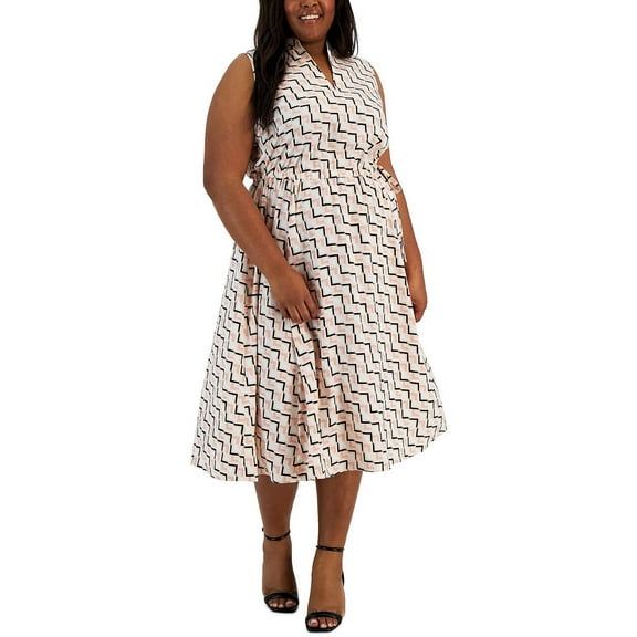 Anne Klein Womens Plus Sheer Geometric Print Midi Dress
