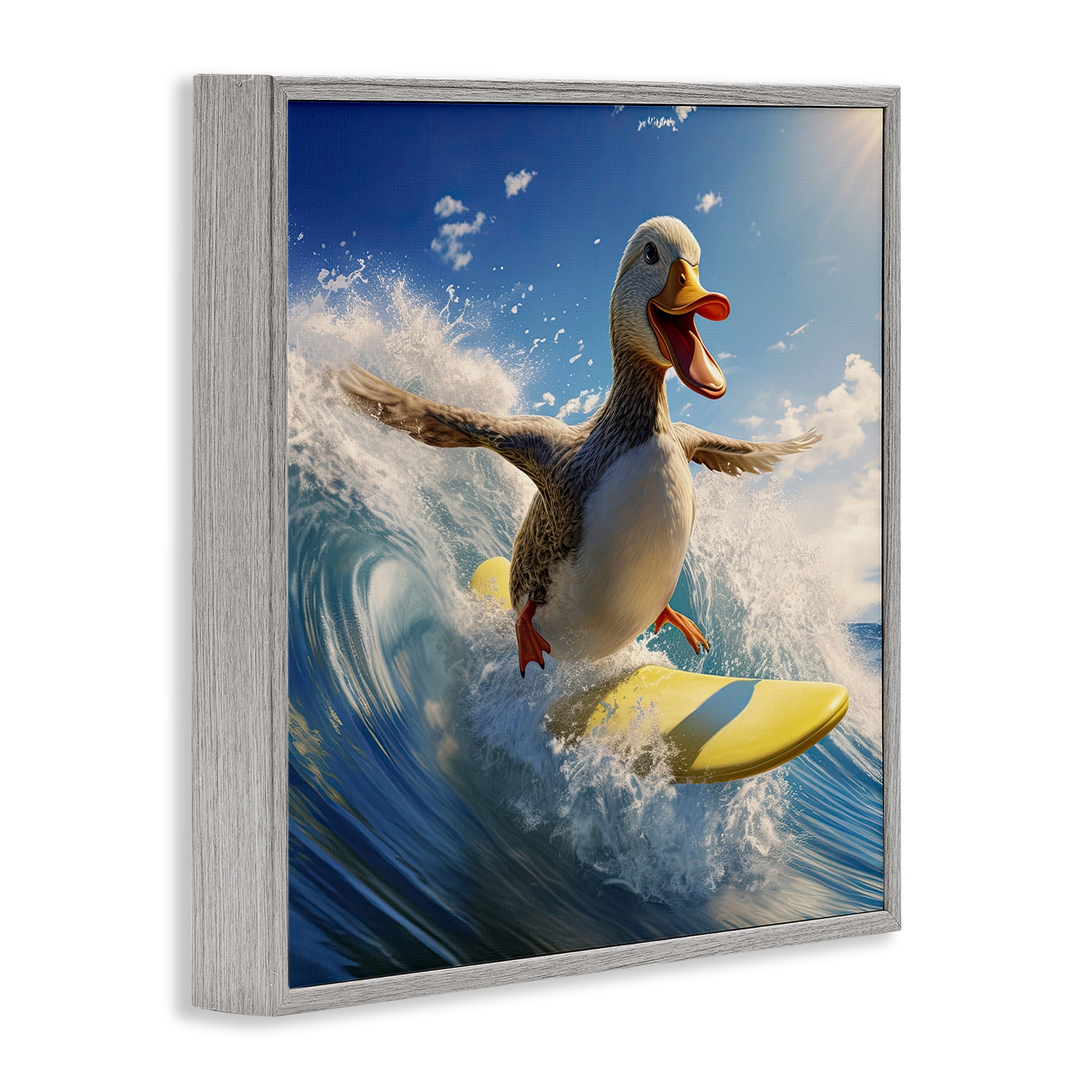 Stupell Industries Happy Surfing Duck Coastal Painting Gray Framed Art Print Wall Art, 12 x 12