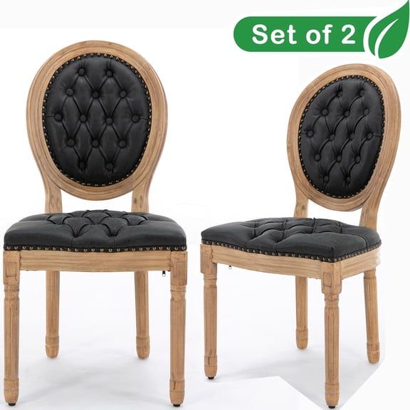 GAKMCIL PU Faux Leather Dining Chair with French Solid Wood Frame, Hand Pull Button Decoration, Nailed Headdress Edge, Density Foam, Steel Spring Lining, Weight Capacity:300lb, Black (Set of 2)