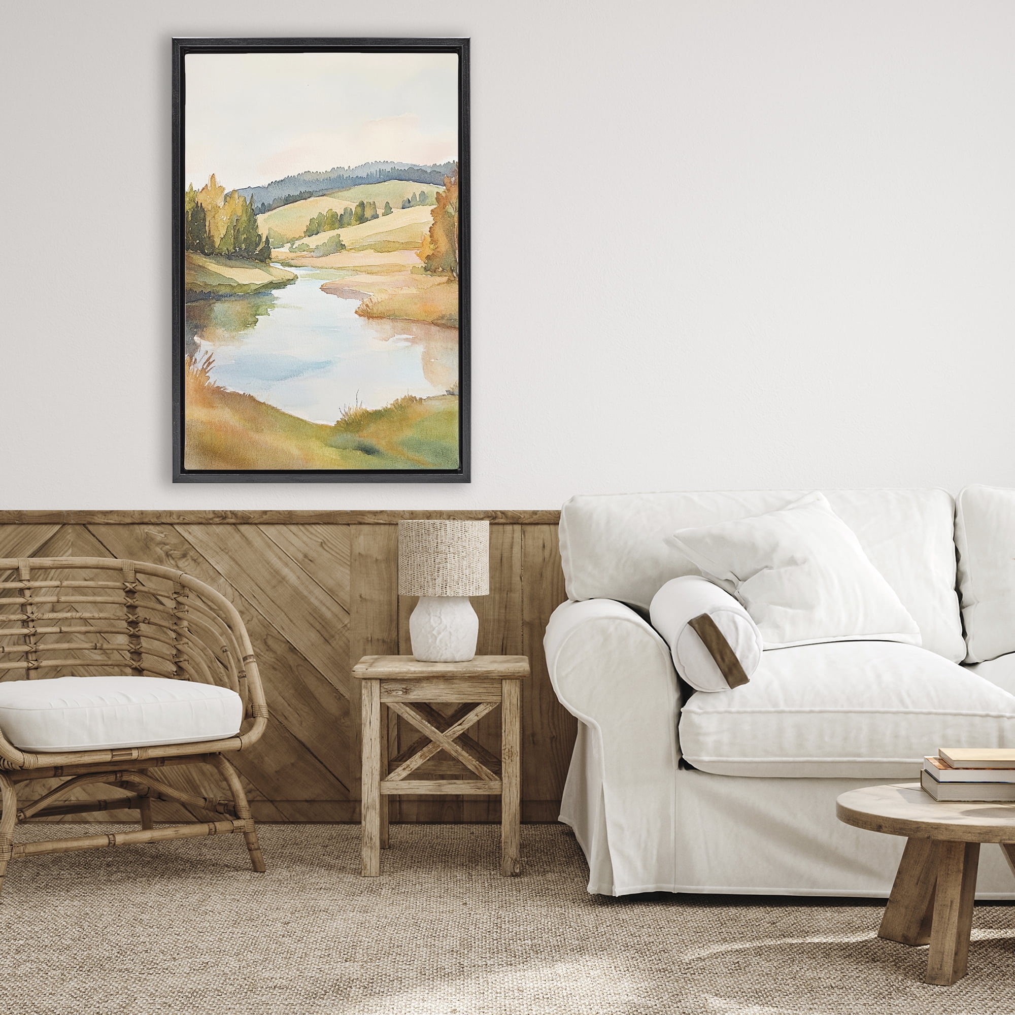 Stupell Industries Serene Watercolor Lake Escape Black Framed Floater Canvas Wall Art, design by Petal Prints Design