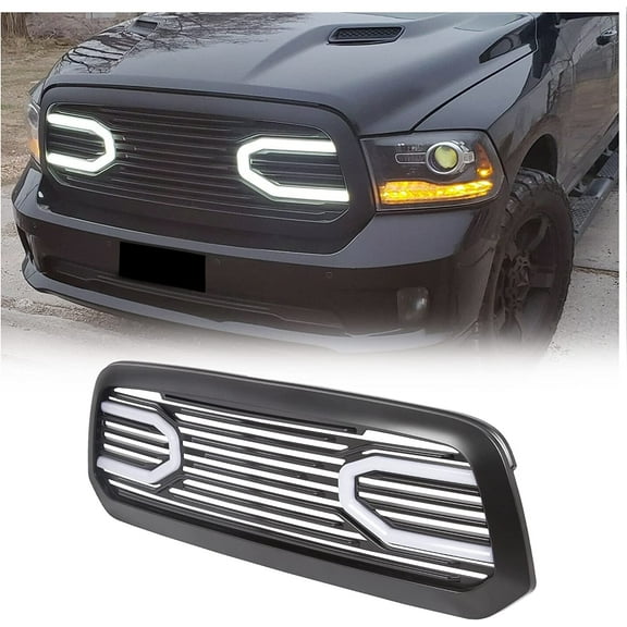 Kojem Front Shell Grille for 13 14 15 16 17 18 Dodge RAM 1500 (W/Light) Black Big Horn Grill