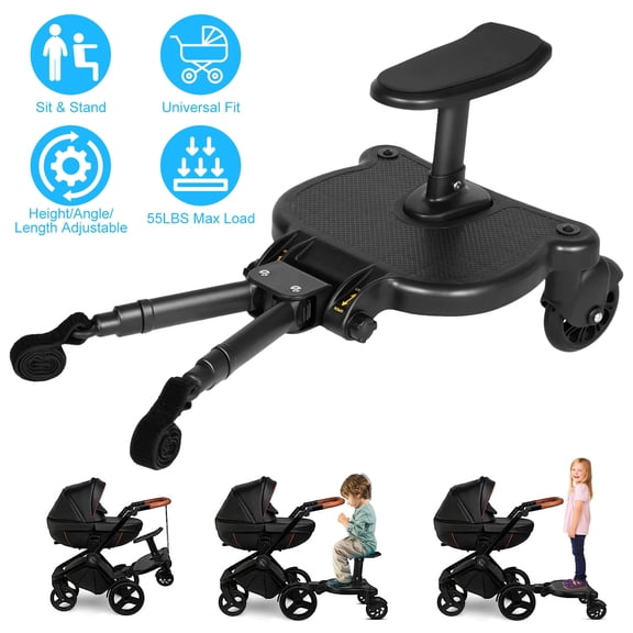 New-Universal Stroller Board with Detachable Seat, 2in1 Sit and Stand Stroller Glider Board for Most Strollers, Holds Children Up to 55 LBs Stroller Standing Board Black