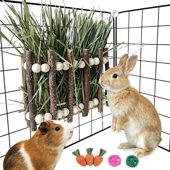 NORIZF Wood Rabbit Hay Feeder,Hanging Guinea Pig Hay Holder,Biting Resistant Bunny Grass Holder,Small Animals Feeding Grass Manage Rack Dispenser for Ch"Illa,Hamsters Cage Accessories