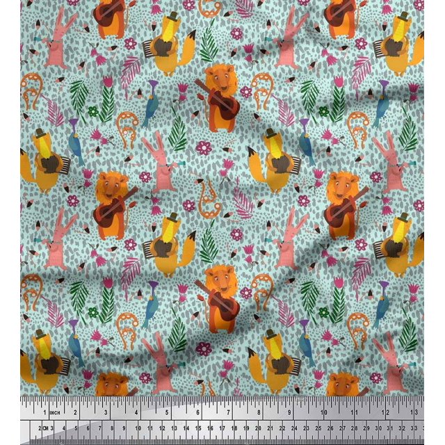 Soimoi Modal Satin Fabric Floral,Musical Instruments & Animals Cartoon Print Fabric by The Yard 42 Inch Wide
