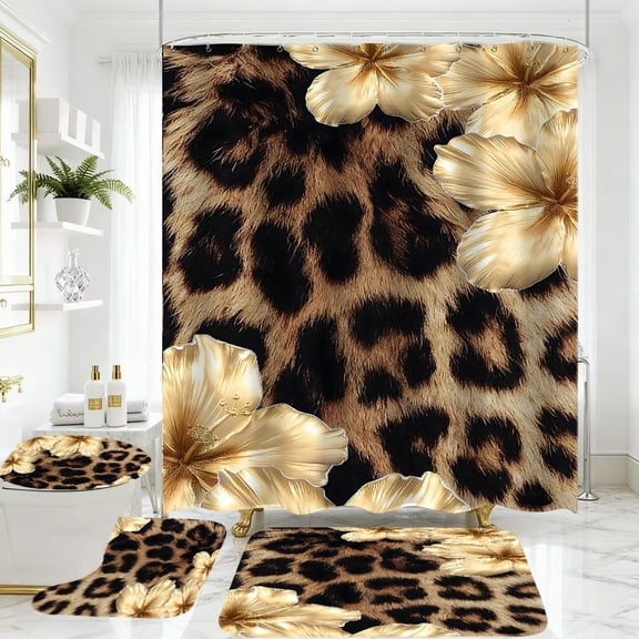 4 Piece Brown Leopard Shower Curtain Set with Rugs Golden Floral Art Luxury Bathroom Decor Non Slip Mats Toilet Lid Cover