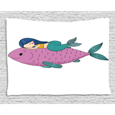 Mermaid Tapestry, Baby Mermaid Sleeping on Top Giant Fish Happy Best Friends Kids Nursery Theme, Wall Hanging for Bedroom Living Room Dorm Decor, 60W X 40L Inches, Purple Teal, by