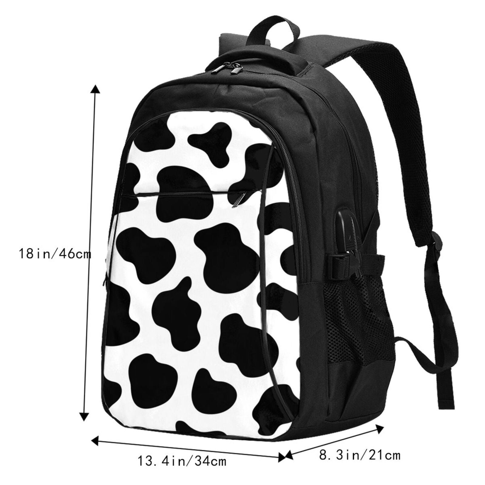 Black And White Cow Skin Print Laptop Backpack with USB Charging Headphone Port Casual Daypack Bag College Business Travel