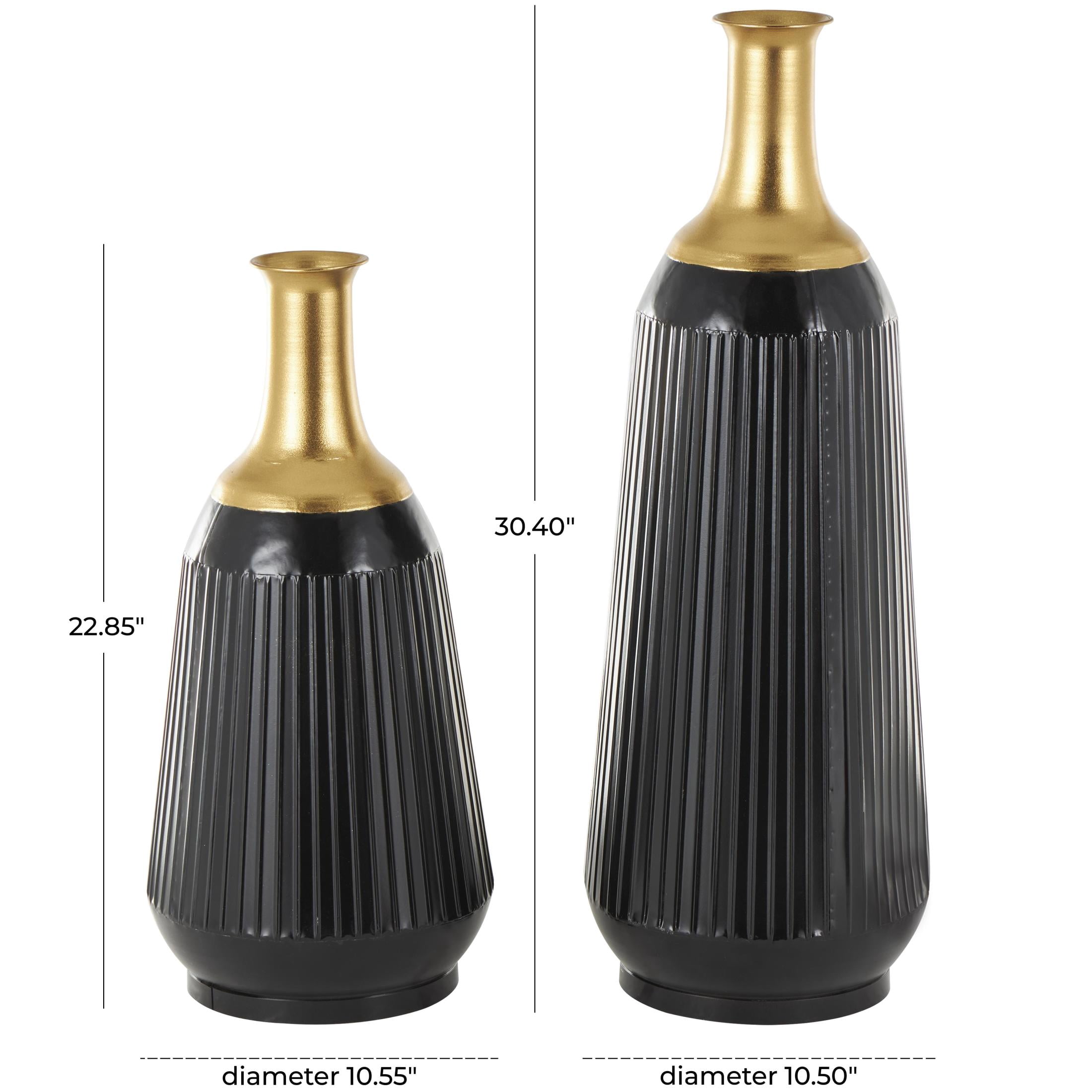 DecMode 30", 23"H Tall Ribbed Black Metal Vase with Gold Tops, Set of 2