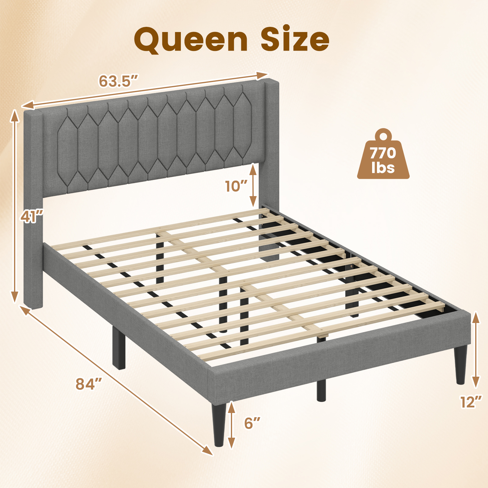 Gymax Queen Size Bed Frame Linen Fabric Upholstered Platform Bed w/Wingback Headboard Gray