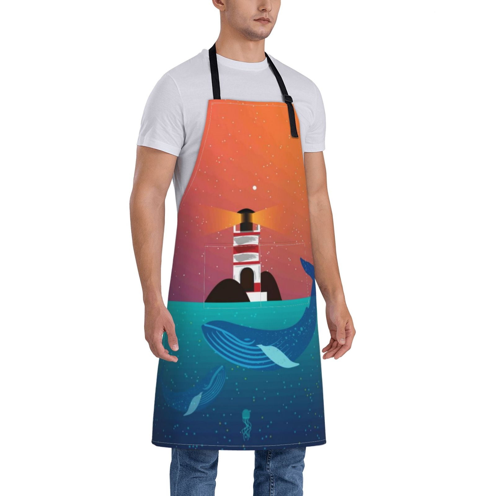 Kdxio Lighthouse and Whale Apron with Pockets Adjustable Kitchen Aprons for Men Women Waterproof Aprons for Cooking,Drawing,Crafting, Baking Household Cleaning