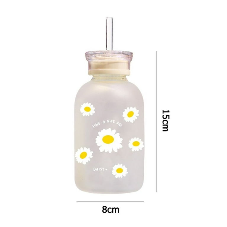 Large Water Bottle with Straw Juice Cup Breakfast Milk Cup Cute Girl Heart  Strawberry Glass Water Cup Daisy Straw Cup with Lid