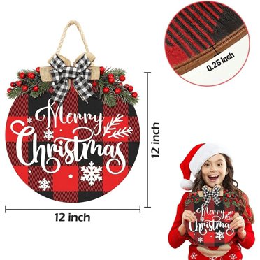 Walasis Christmas Door Sign - 12 Inch Buffalo Plaid Wreath With Red Bow Farmhouse Decor