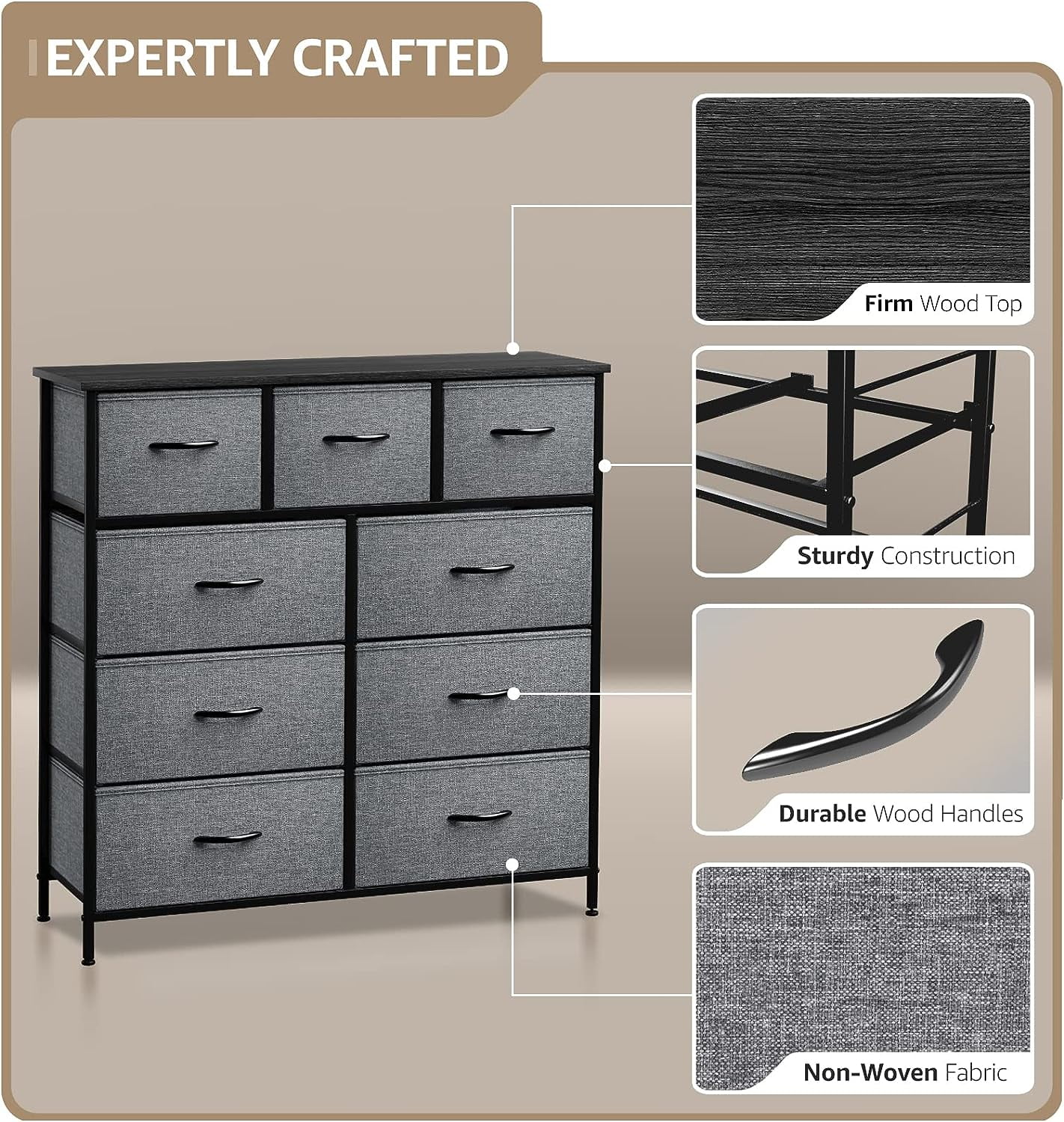 Sorbus 9-Drawer Dresser Nightstand End Table, Steel Frame, Wood Top, Black