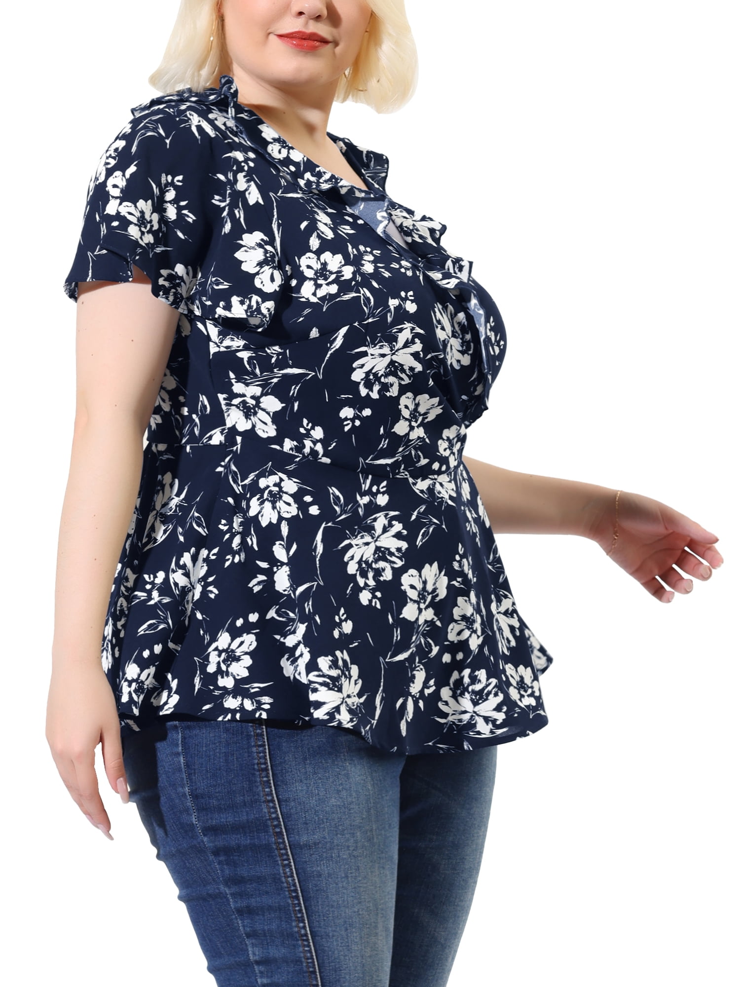 Unique Bargains Women's Plus Size Ruffle Bell Sleeve Wrap Tie Waist Boho Peplum Blouse