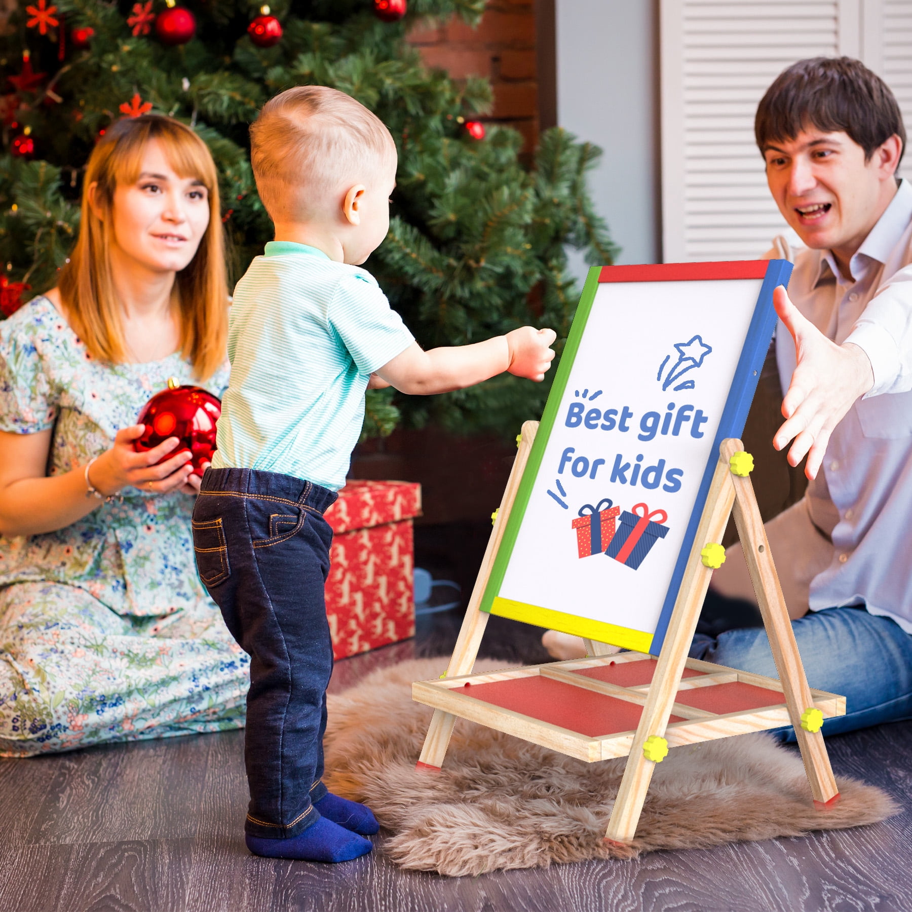 JOYOOSS 3-in-1 Kids Easel with Chalkboard & Whiteboard, Wooden Toddler Art Easel for Ages 4-12, Adjustable Magnetic Drawing Board with Markers & Eraser 105-Natural