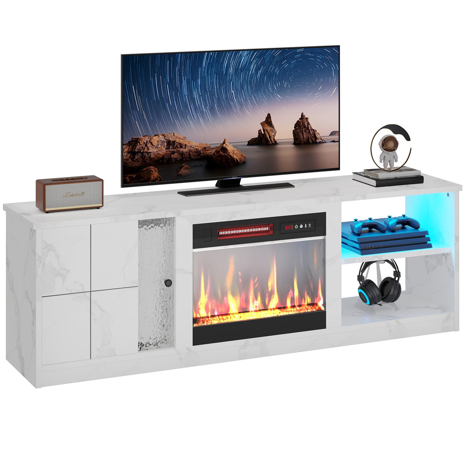 Pinmoco Electric Fireplace TV Stand for TVs up to 70", LED Entertainment Center With Cabinet & Shelves, TV Media Console Table for Living Room, Bedroom, White Marble