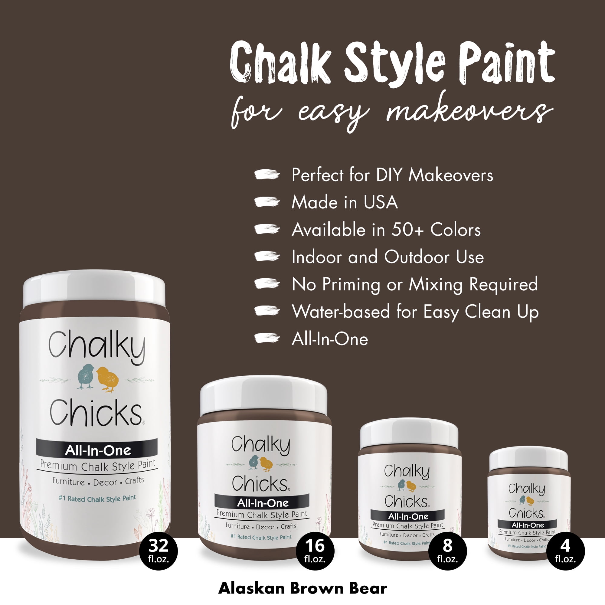 Chalky Chicks 16 Fl Oz Matte Alaskan Brown Bear Chalk Paint for Furniture Without Sanding - No Prep Furniture Paint No Sanding All in One for Crafts, Wood, Cabinet, Walls, Metal, Dresser, Farmhouse