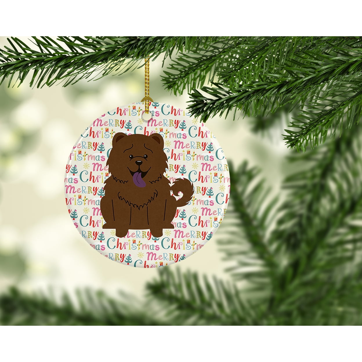 Merry Christmas Chow Chow Chocolate Ceramic Ornament 2.8 in x 2.8 in