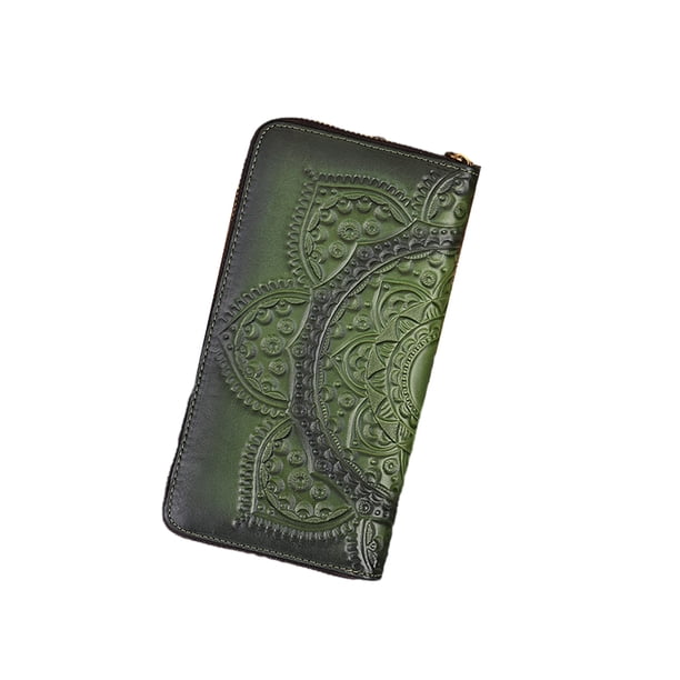 Cartera de cuero genuino Minnieouse para mujer bolso largo para dinero Vintage con flores en relieve Verde