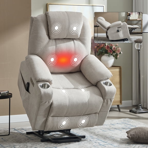 Youmumeub Power Lift Recliner Chair with Massage and Heat, Heavy Duty 350lb Electric Stand Up Sofa, Beige Chenille Fabric with USB Ports & Cup Holders