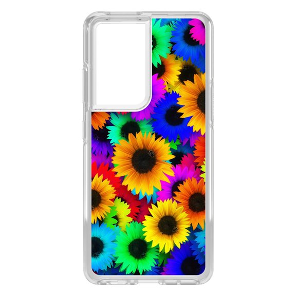 DistinctInk Clear Shockproof Hybrid Case for Galaxy S21 ULTRA 5G (6.8" Screen) - TPU Bumper, Acrylic Back, Tempered Glass Screen Protector - Red Green Yellow Sunflowers