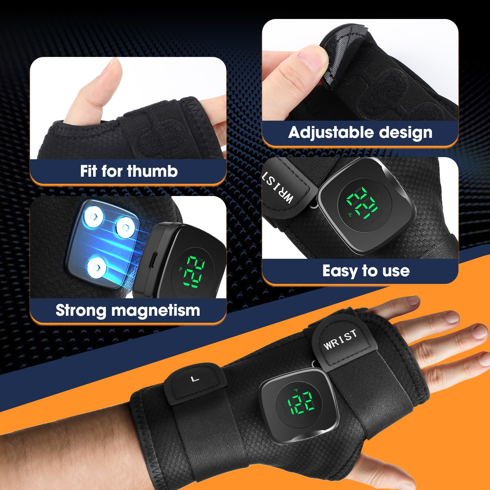 Flaremore Heated Wrist Wrap with Thumb Support, Adjustable Heating Pad for Carpal Tunnel Relief, Left Hand, One Size