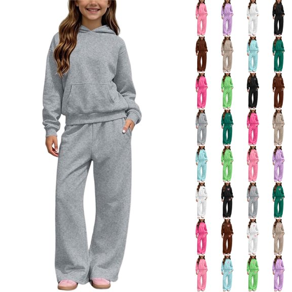Husipze Girls Fleece 2 Piece Sweatsuit Set Wide Leg Elastic Waist Sweatpants Loose Fit Pullover Hooded Sweatshirts Matching Clothing Set Gray 5-6 Years
