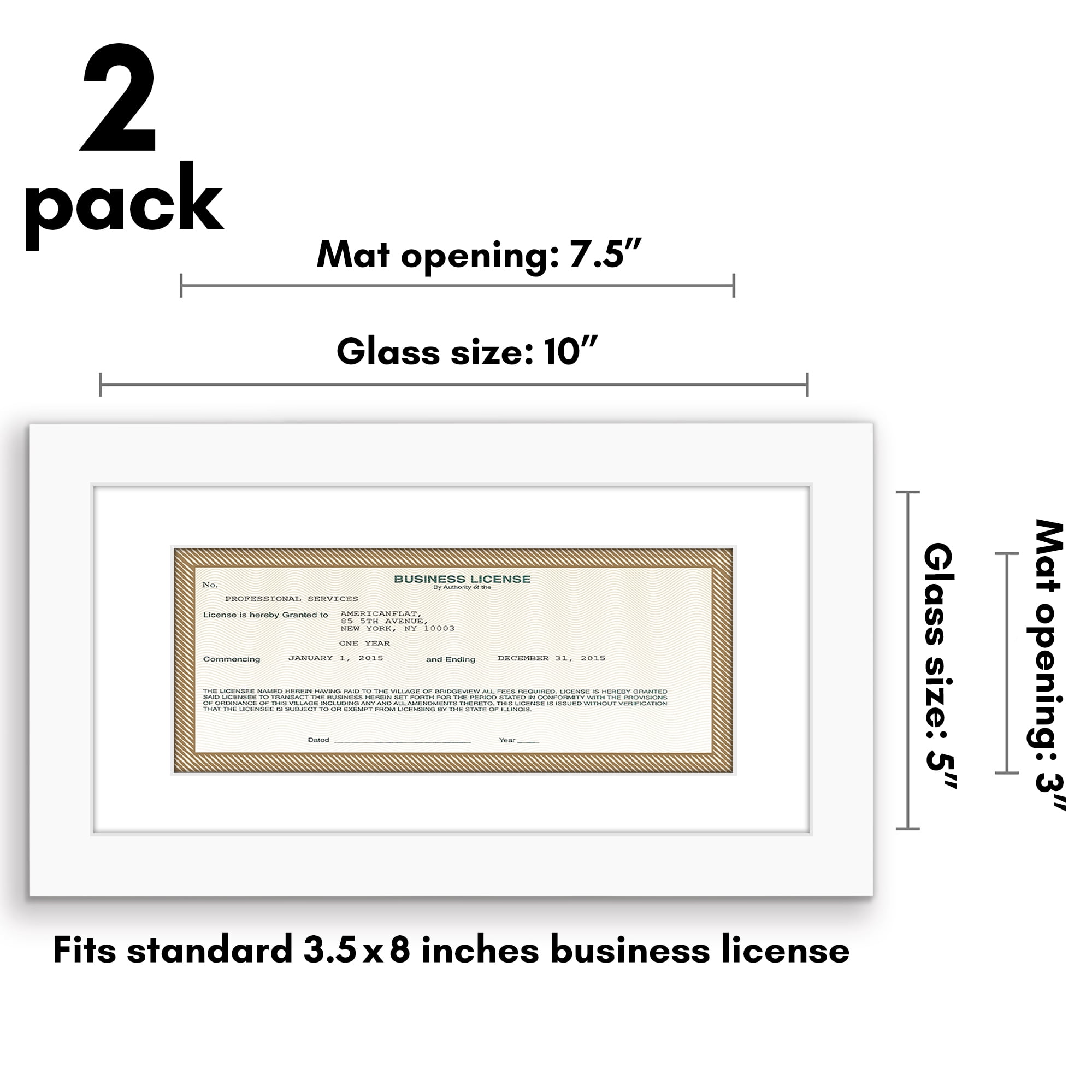 Americanflat 5x10 Picture Frame with Shatter-Resistant Glass with 3.5x8 Mat 2 Pack Business License - White