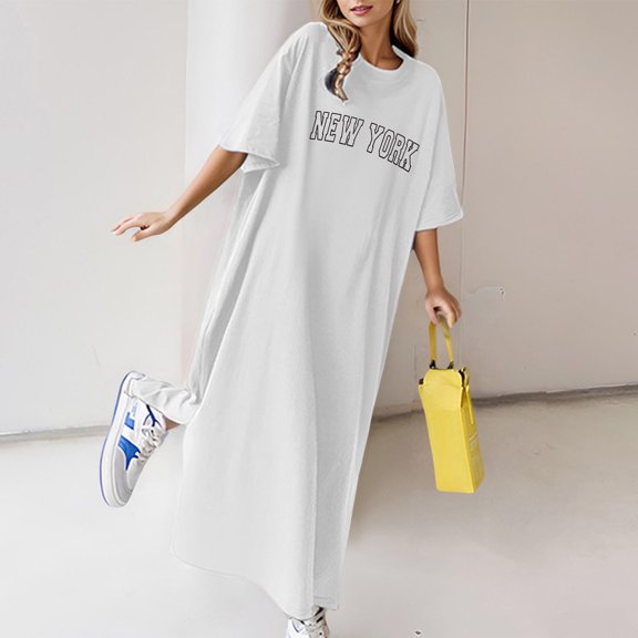 Women's Casual Dress Women's Summer Loose Casual Print Short Sleeve T Shirt Long Dress White XXL