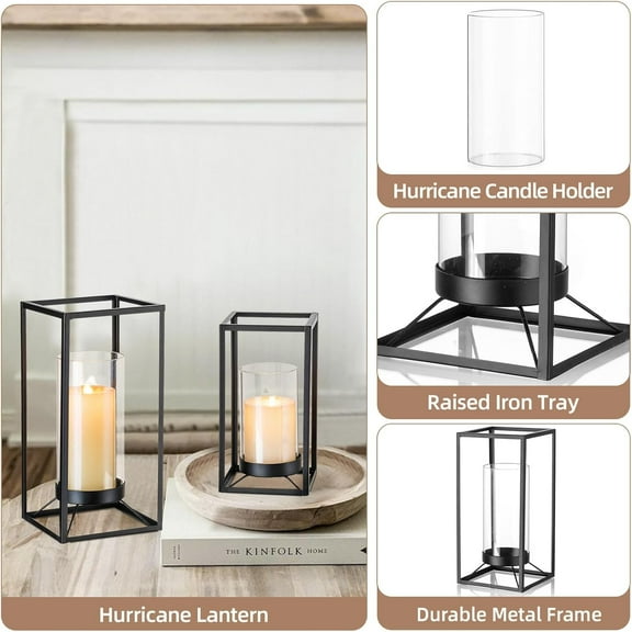 JUNXIAO-Black Lantern Decorative Indoor Set of 2: Glass Metal Hurricane Candle Holder Modern Farmhouse Lanterns Decor Outdoor for Table Centerpiece Fireplace Wedding