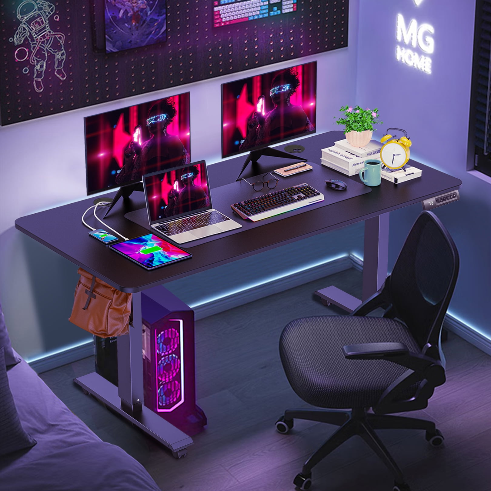 Legooin Ergonomic Height Adjustable Gaming Desk with Wheels Wooden Mobile Workstation Compter Table Home Office Furniture, Black