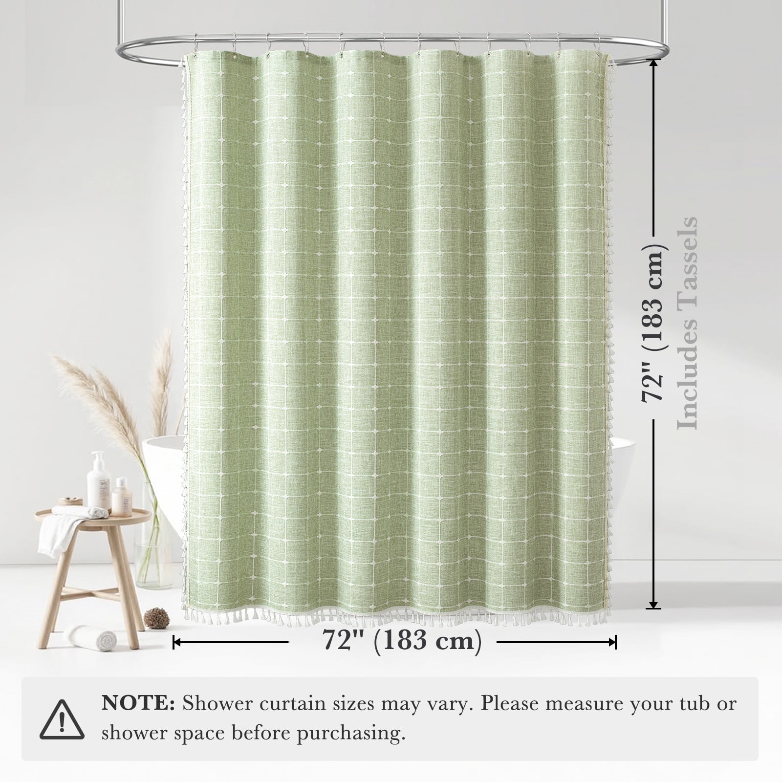 Lipa Boho Farmhouse Shower Curtain,Rustic Linen Blend Grid Shower Curtain with Tassels,Bathroom Shower Curtain with 12 Hooks,Green,72" x 72"