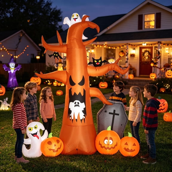 Coolmade 8 ft Halloween Inflatable Outdoor Dead Tree with Ghosts Pumpkins Tombstone Bat, Halloween Blow Up Yard Decorations Clearance with Build-in LED Lights for Holiday Party Lawn Yard Garden