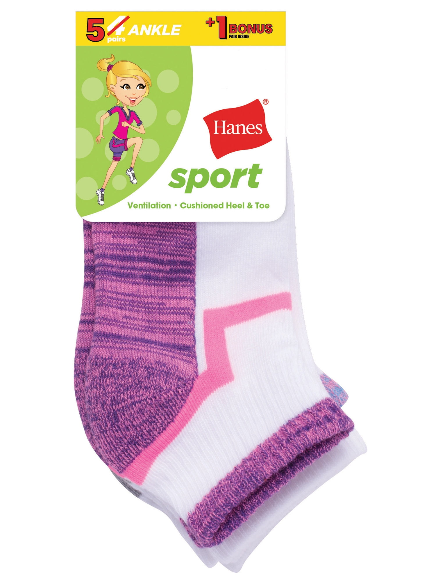 Hanes Sport Ankle Socks, 4 + 1 Bonus Pack (Little Girls & Big Girls