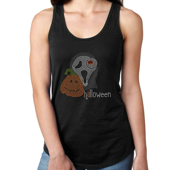 Womens T-Shirt Rhinestone Bling Black Tee Ghost Pumpkin Halloween Tank Racer Back X-Large