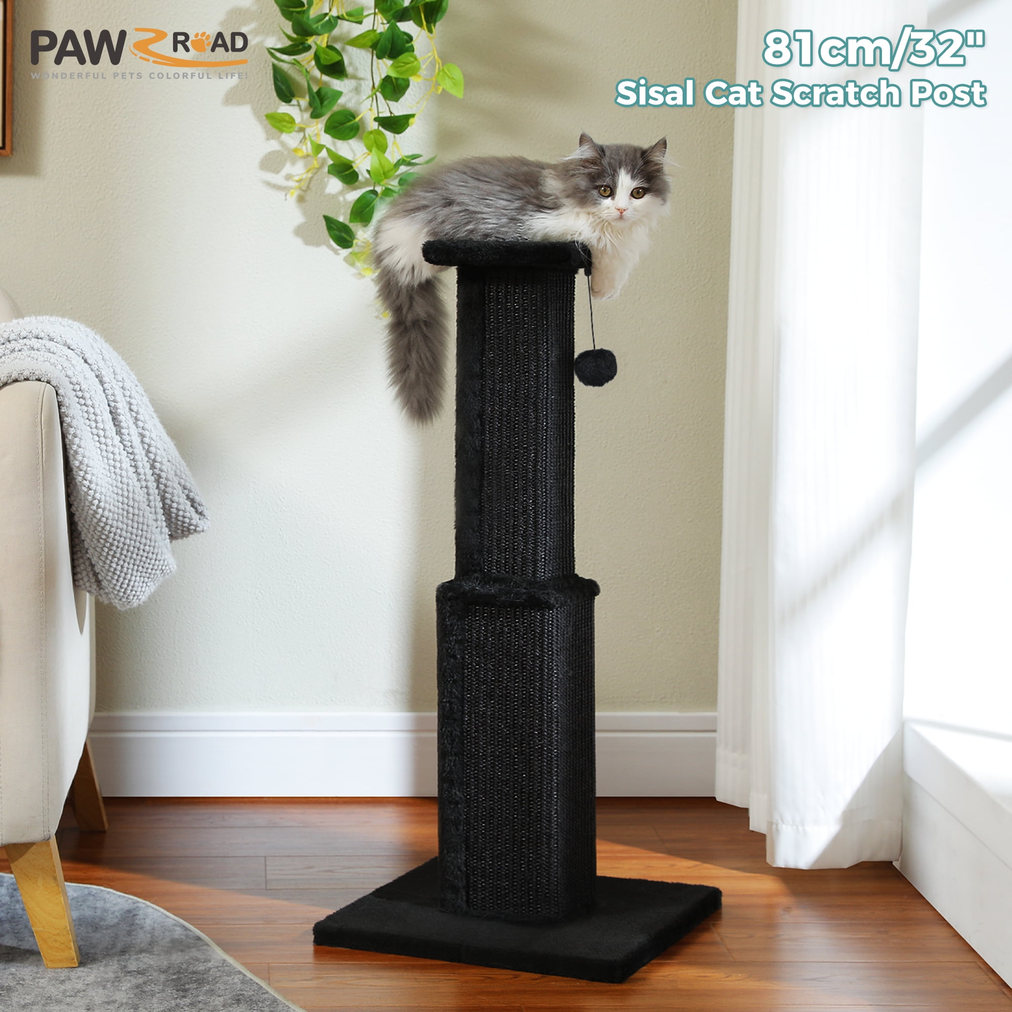 PAWZ Road 31" Natural Sisal Cat Scratching Post Indoor Cat Scratcher with Plush Large Base, Black