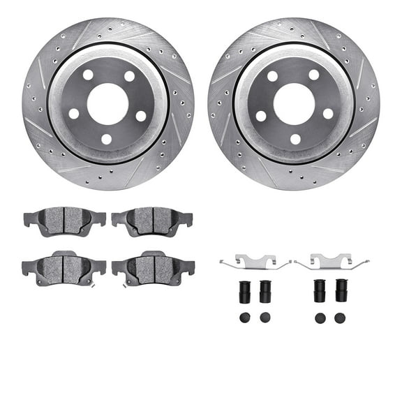 Dynamic Friction Company Rear Brake Rotors-Drilled and Slotted-Silver with 5000 Advanced Brake Pads includes Hardware 7512-42038