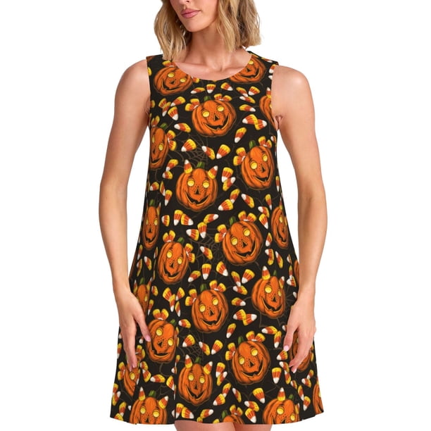 Fotbe Quirky Corn Pumpkin Vestido de Verano sin Mangas para Mujer – Vestido Midi Línea A, Estilo Camiseta Floral, Vestido Playero Casual y Fluido