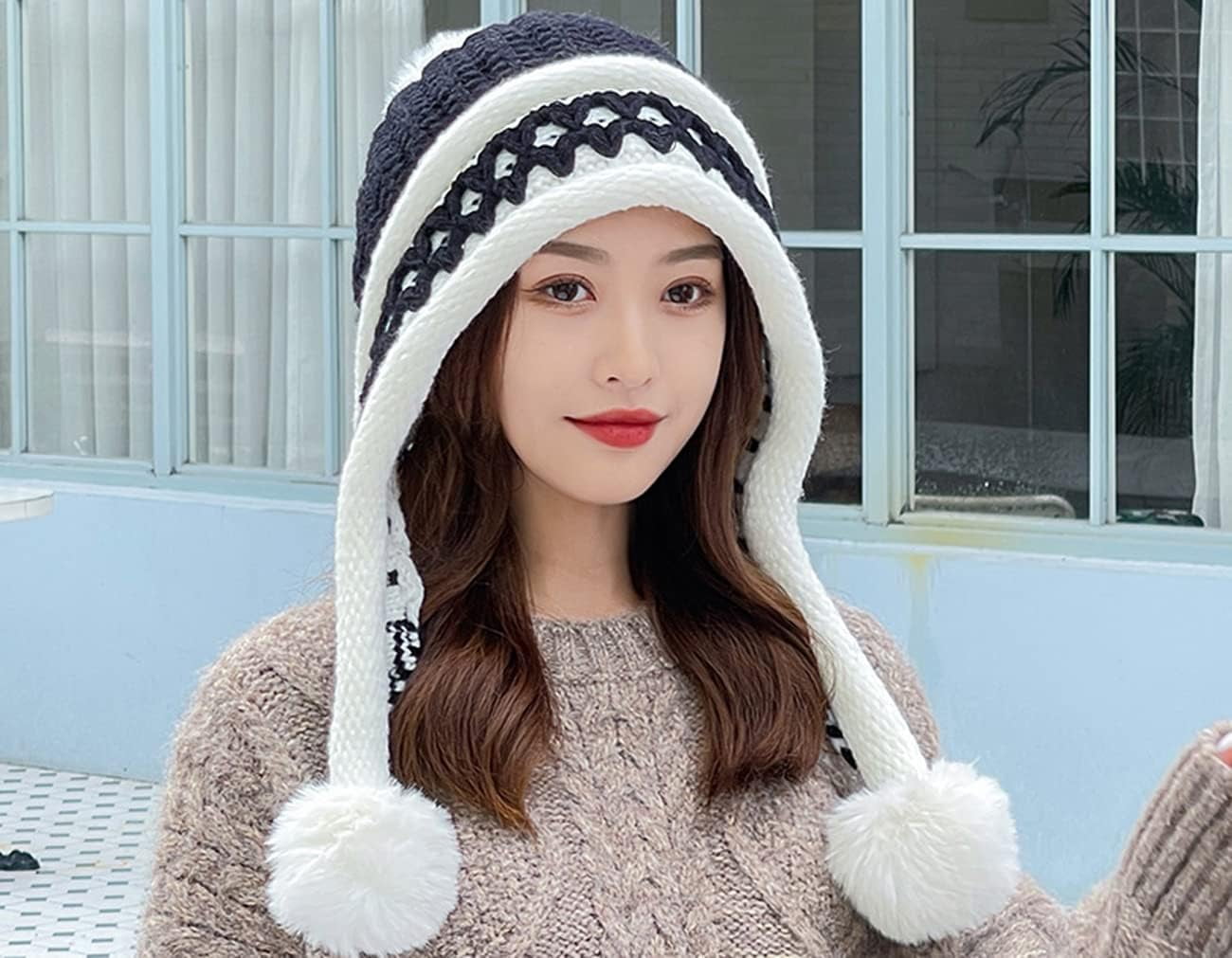 YooGuoGuo Women Winter Beanie Hat Earflap Peruvian Warm Slouchy Fleece Lined 3 Pom Poms Knit Sherpa Fluffy Soft Ski Hats