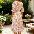 thumbnail image 4 of Vestido Impreso Plisado de Gasa con Cuello en V de las Mujeres, Casual de Manga Corta de Moda, Ligero Suave Y Fluido para Uso Diario, Fiestas, Vacaciones, 4 of 7