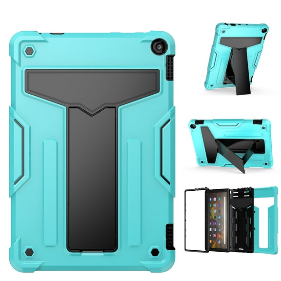 Kidsproof Case for Kindle Fire HD 10.1" 11th Gen 2021, Fire HD 10 Plus 2021 Cover for Children, Allytech Dual Layer Hybrid Protective Defender Heavy Duty Rugged 2-Angle Kickstand Case,Aqua Black
